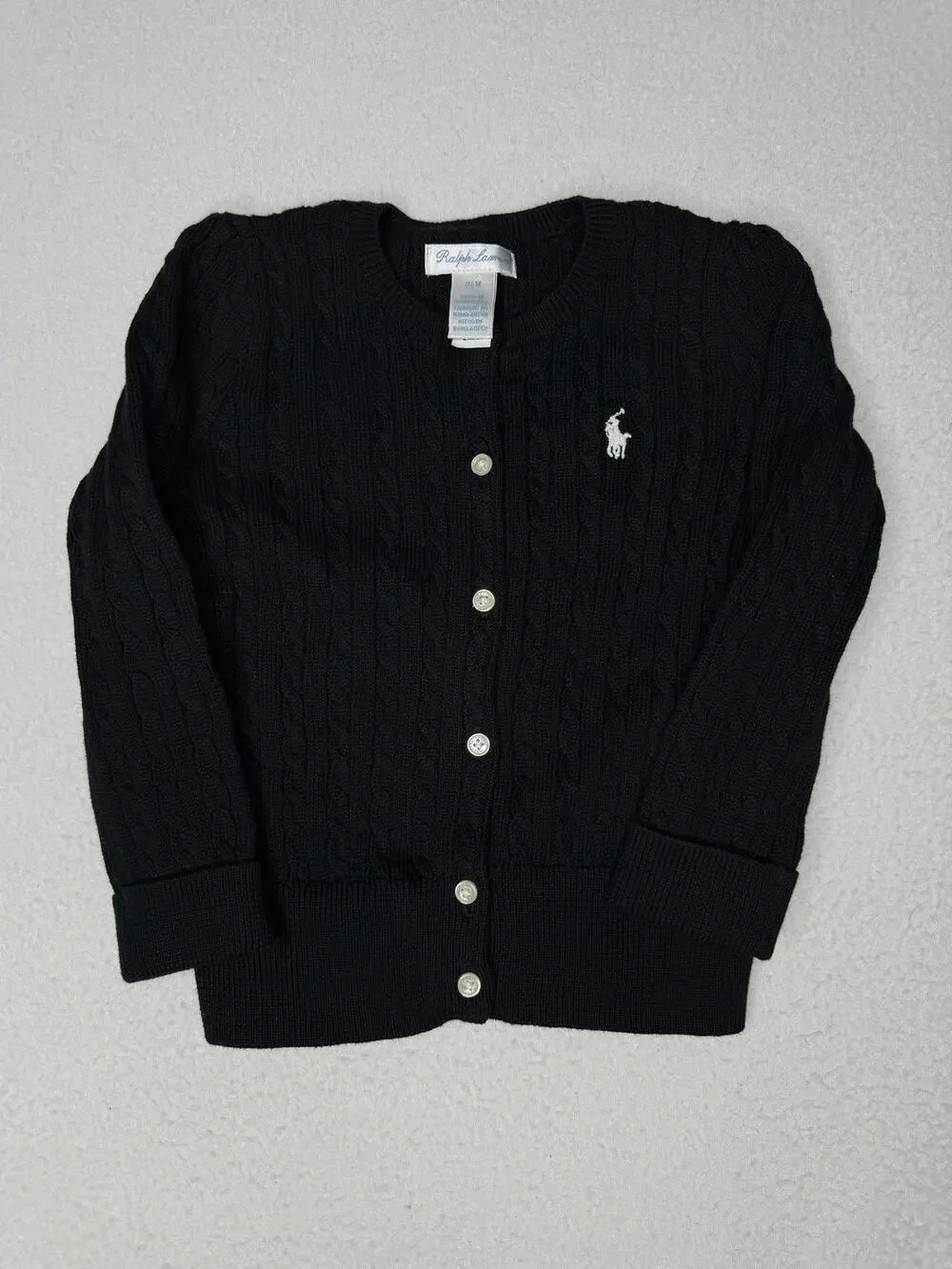 Ralph Lauren Baby 24M Black Cable Knit Cotton Cardigan Sweater White Pony NWOT